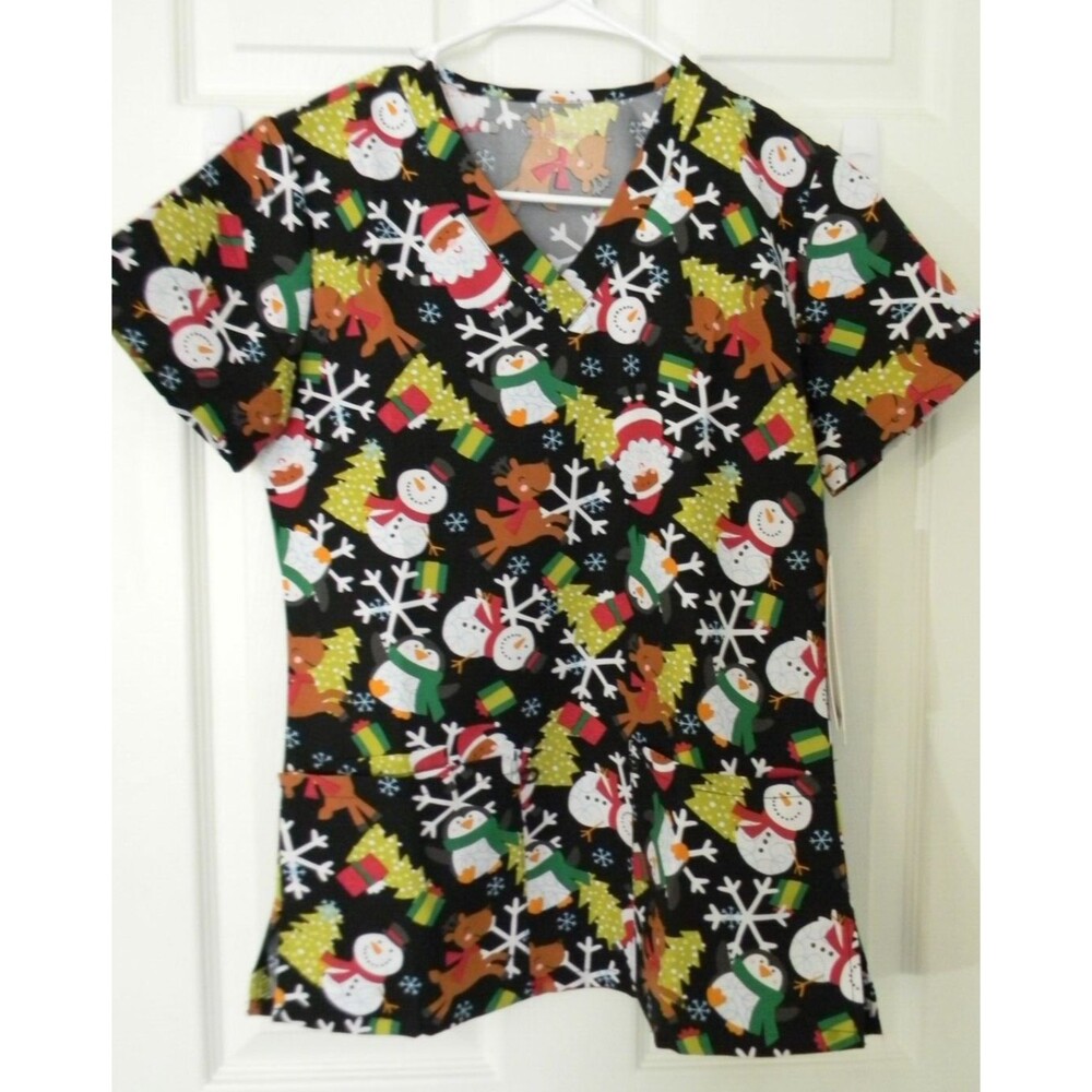 MicroFlex Christmas Santa Penguin Reindeer Snowman Black Scrub Top Sz S NWT